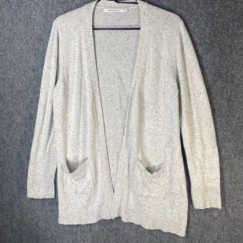 STITCHES STRIPES Sweater Womens X Large Ivory Open Cardigan Pockets Long Sleeve